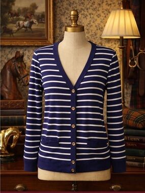 Lauren Ralph Lauren Navy and White Striped V-Neck Button Cardigan